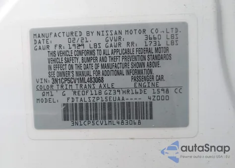 2021 Nissan Kicks Sv Xtronic Cvt из США, поврежденный, VIN 3N1CP5CV1ML483068